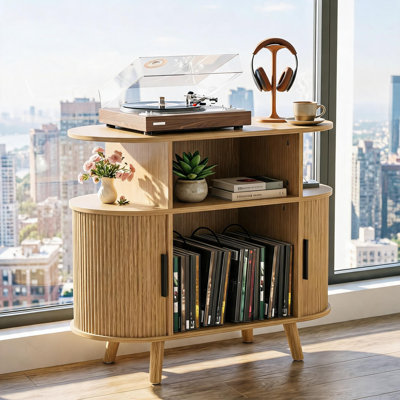 Mid-Century Record Player Stand with Charging Station, Mid-Century Vinyl Storage Cabinet with USB, Oak