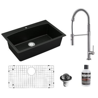 Karran Quartz 33'' X 22'' Single Bowl Drop-in Kitchen Sink With KKF220 Faucet in Stainless Steel -  QT712BL220SS