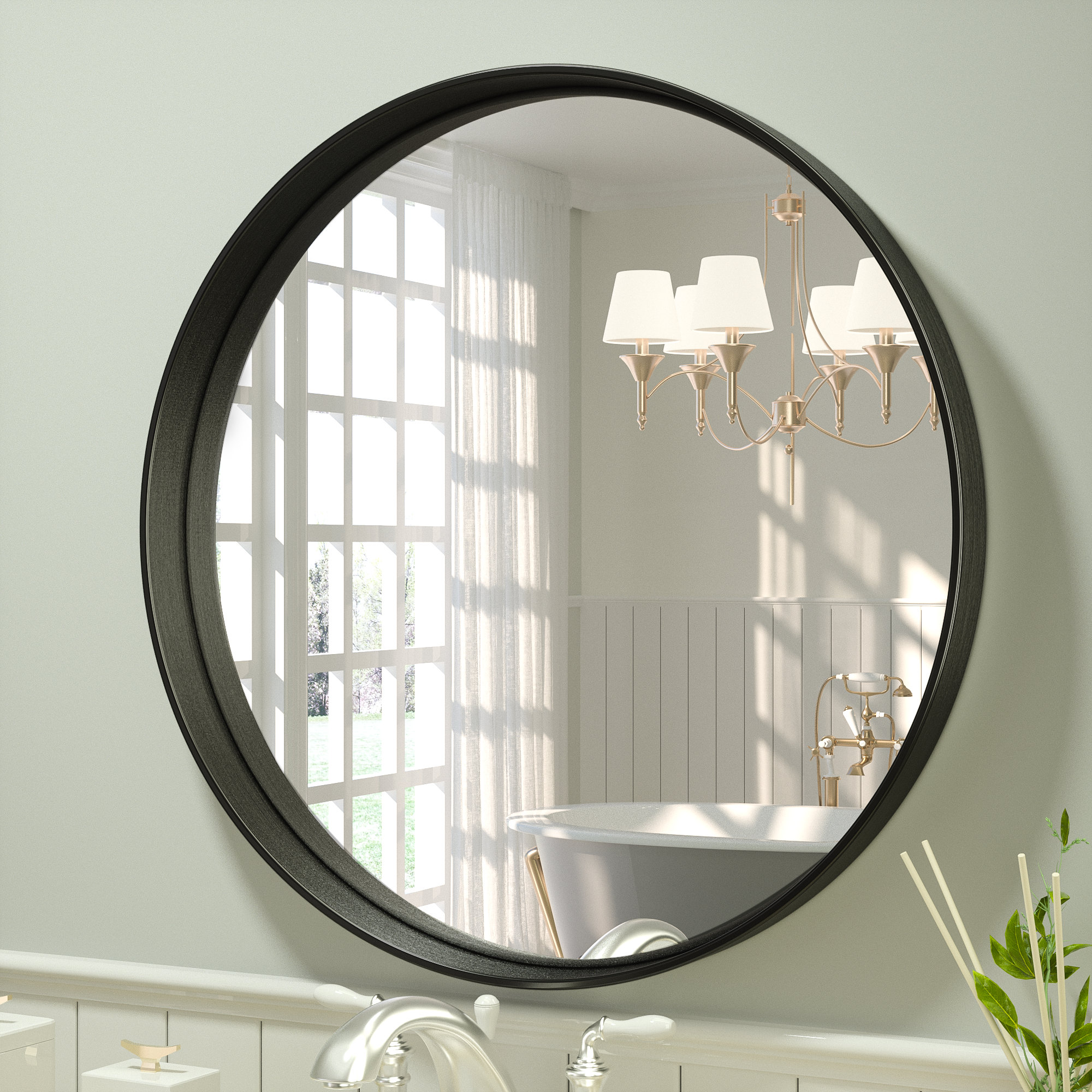 24 inch Circle Wall Mirror for Bathroom, Black Wall Mounted Vanity Mirrors,  Metal Frame Home Decor Round Mirrors for Entryway Bedroom Living Room