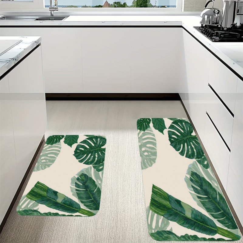 Tropical Plant Texture, Kitchen Mats Set Of 2, Green/Beige Floral