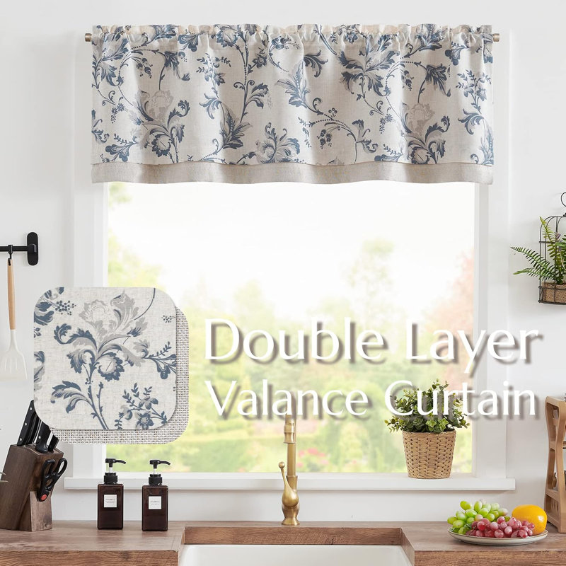 Cantonnière en lin à motif floral, Bleu, L 50 po x L 18 po