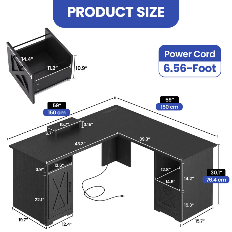 Aimaan L-Shaped Computer Desk with Power Outlet, Black