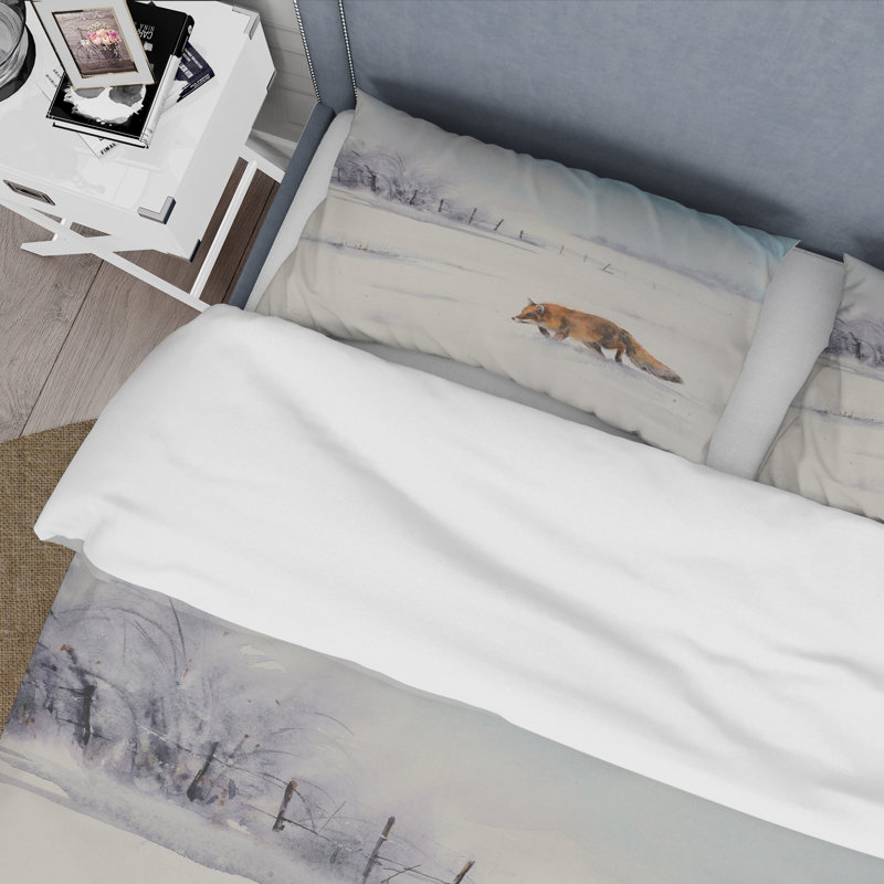 Renard roux qui court en neige blanche I - Ensemble de housse de couette Farmhouse - Microfibre de polyester