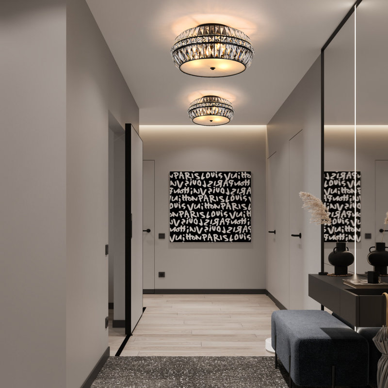 3-Light 18.31" Crystal Flush Mount Ceiling Light, Mattle Black