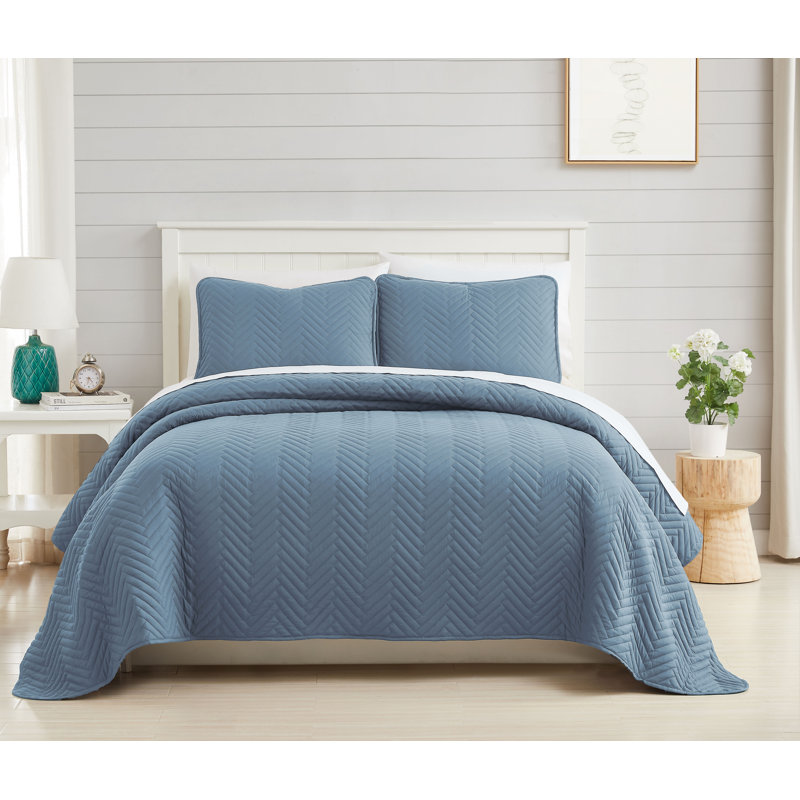 Ensemble de courtepointe légère surdimensionnée en microfibre prélavée à chevrons, Bleu