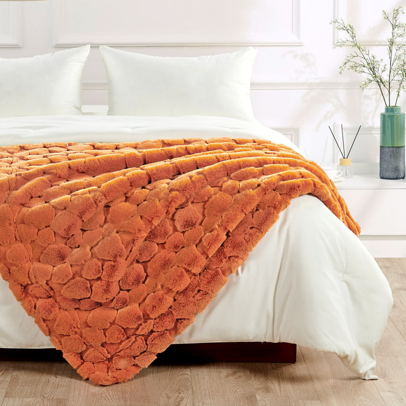 Cloud Carved Faux Fur Throw Blanket, Burnt Orange, 50" W x 60" L