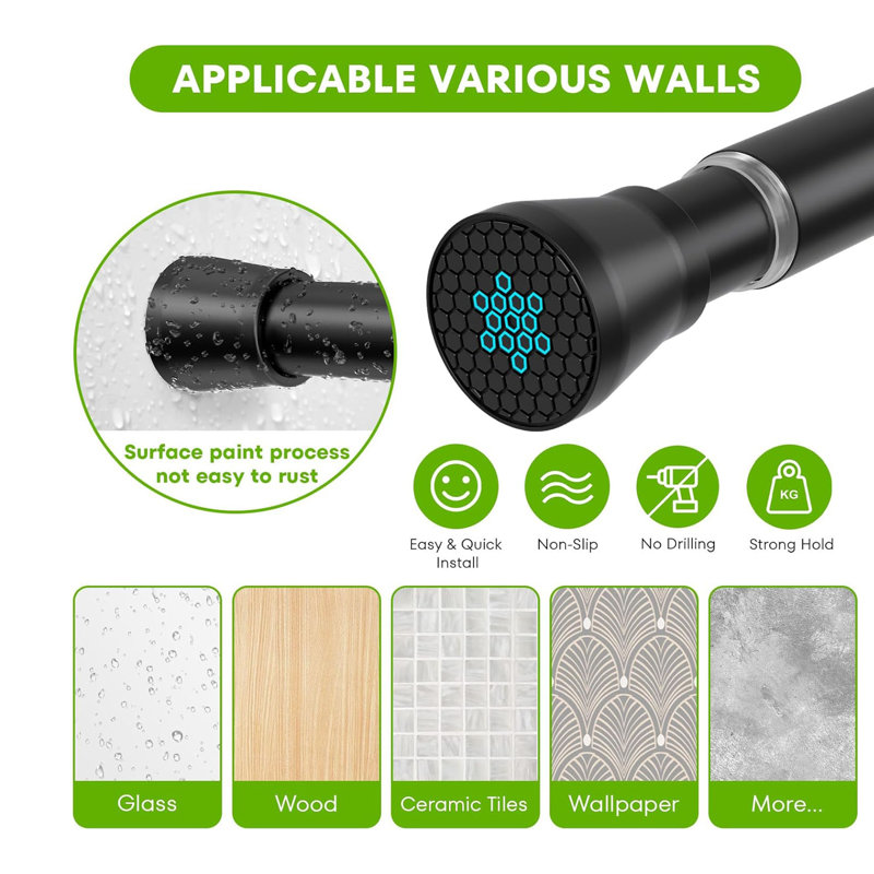 Shower Curtain Rail Extendable Curtain Poles 70-130 Cm Tension Rods ,No Drilling Spring Rod, Matte Black