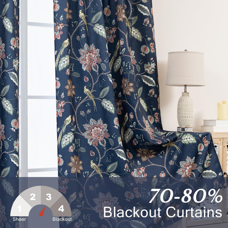 Vintage Floral Pattern Darkening  Curtains 2 Panel Set, Navy Blue, 50" W x 84" L