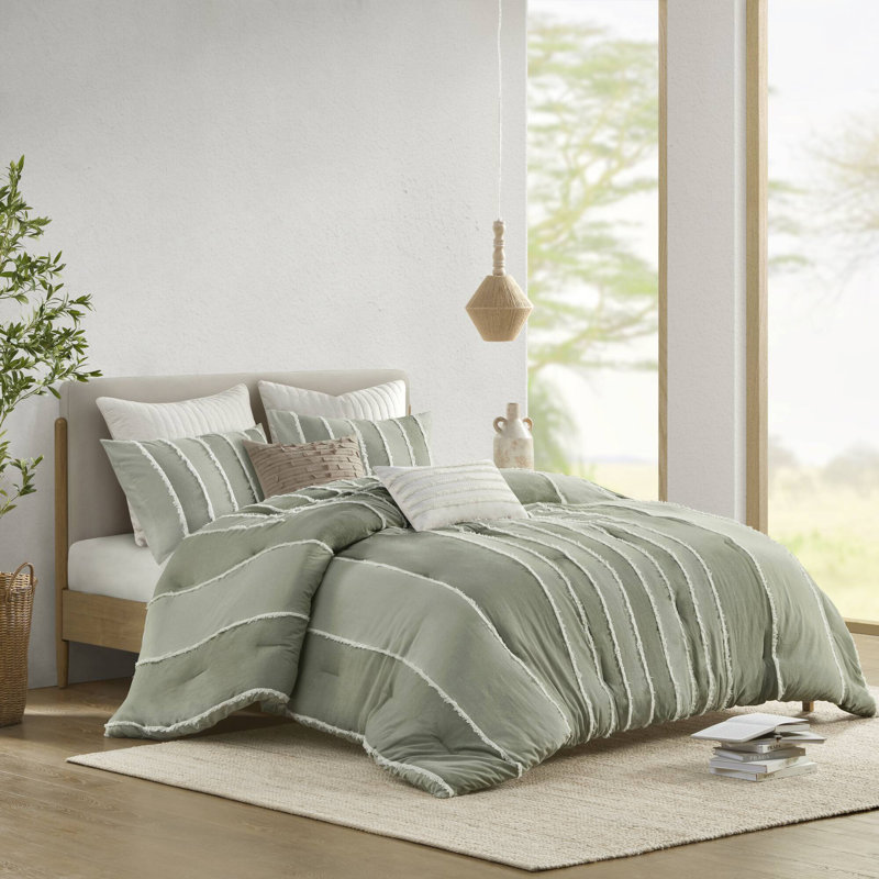 Ensemble d'édredon en coton 3 pièces Shay, Édredon double / grand + 2 taies décoratives sta, Sauge