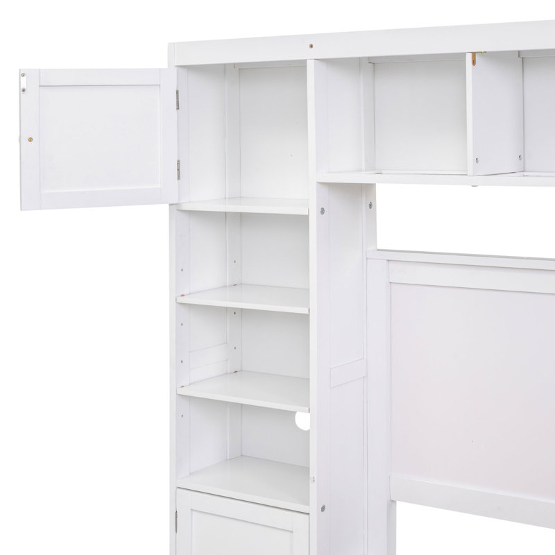 Lit double en bois massif avec une armoire et une tablette - Combinaison fonctionnelle et rangement élégant, Blanc