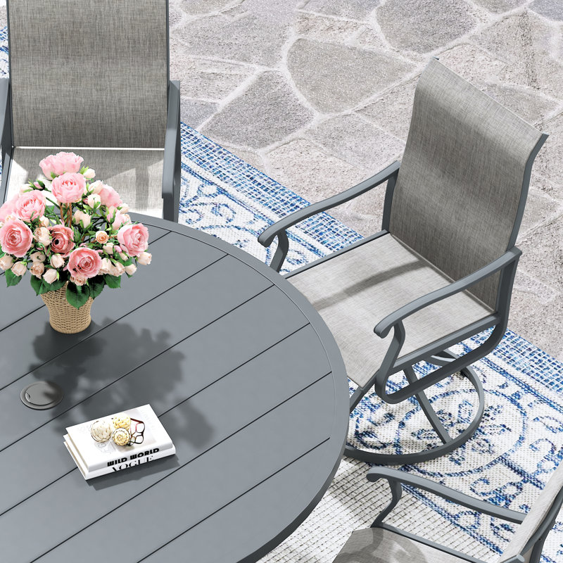 Ensemble repas pour 6 personnes avec table de salle à manger ronde en métal 53 po et 6 chaises pivotantes en textilène, Gris