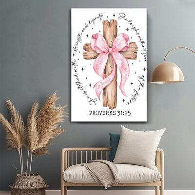 1 pièce de 24 x 36 pouces, grande toile murale, croix en bois, ruban floral rose, décoration murale encadrée de style Art religieux pour la maison