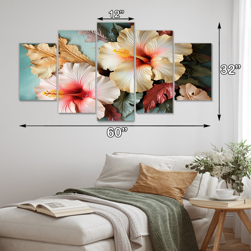 Vibrant hibiscus fleur tropicale sur bleu rétro - art mural hibiscus 5 pièces
