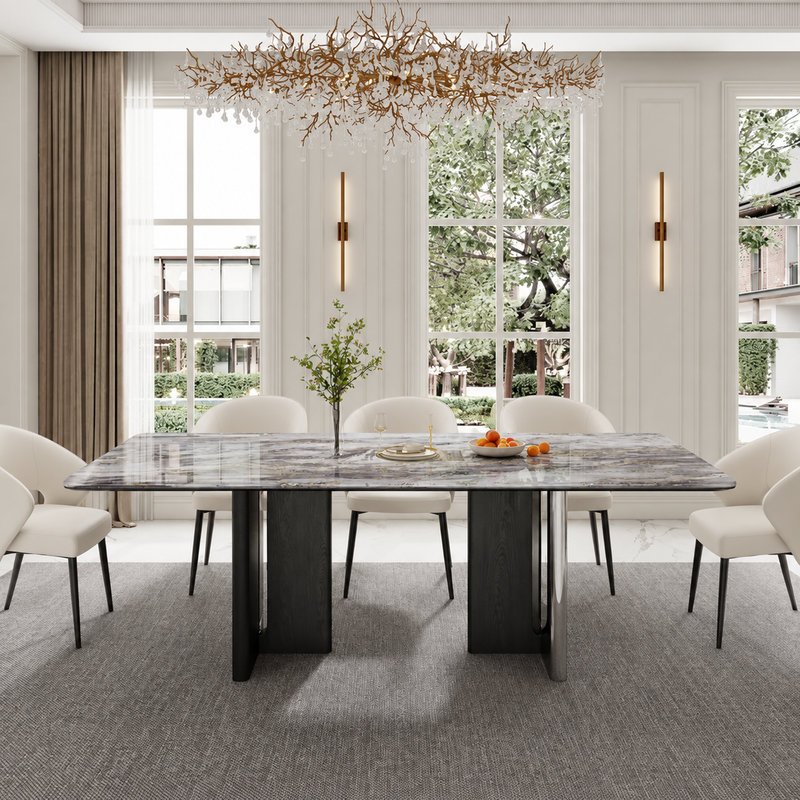 Ensemble de salle à manger moderne de 7 pièces avec table en pierre frittée de 78 pouces et 6 chaises rembourrées à dossier incurvé