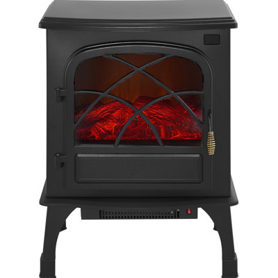 Chaufferette électrique autoportante de 25,5 pouces de 1500 W, facile à installer avec 4 pieds de support, chauffage infrarouge efficace pour l’automne et l’hiver, bûches de flammes 3D réalistes, matériau en nylon noir,