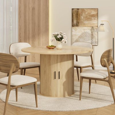 47" Space-Saving Round Dining Table for 4-6 – Modern Farmhouse Table with 2-Tier Storage Shelf, Sliding Wood Door & Fluted Pedestal