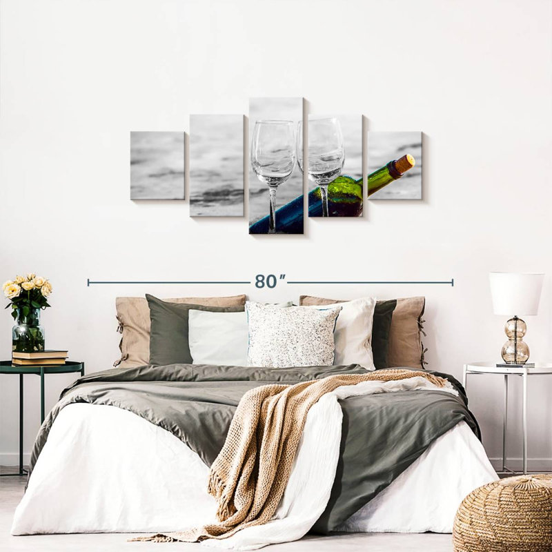 Ensemble de 5 pièces «Wine And Alco Wine By The Beach On Canvas», H 30 po x l 68 po