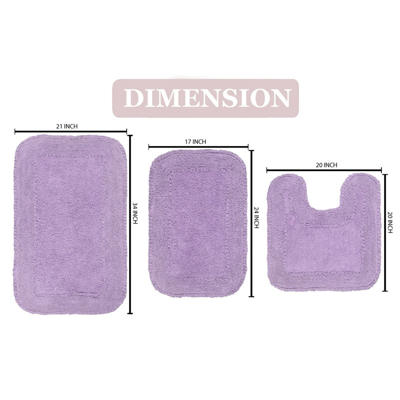 Aceyon Plush Cotton 3 Piece Bath Rug Set, Purple