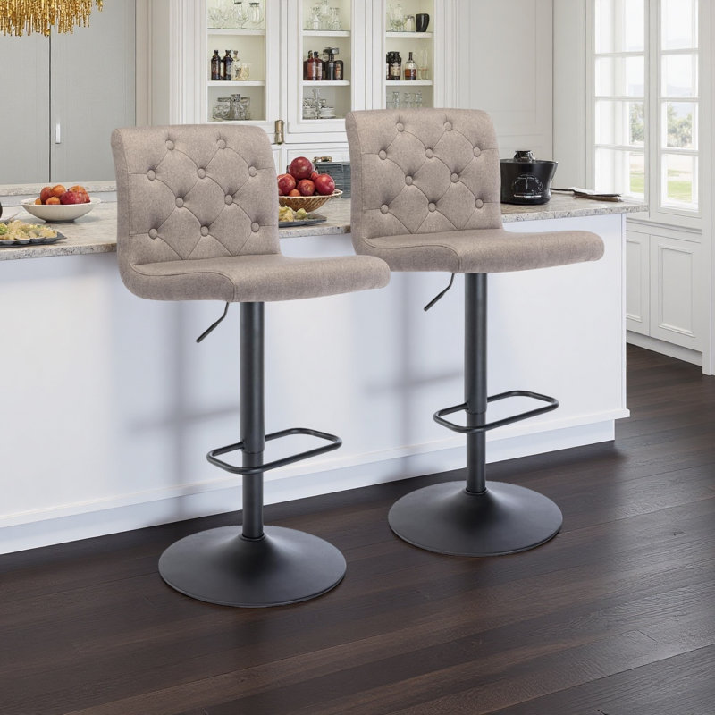 Tufted Fabric Bar Stools Set of 2, Adjustable Swivel Counter Height Barstools with Back, Upholstered Armless Airlift Bar Chairs for Kitchen Dining Cafe