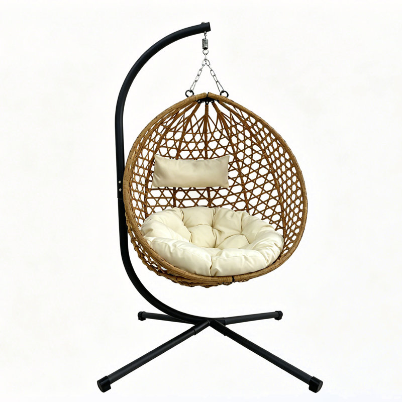Fauteuil à œufs pliant d'extérieur suspendu en rotin avec support, Yellow, Beige