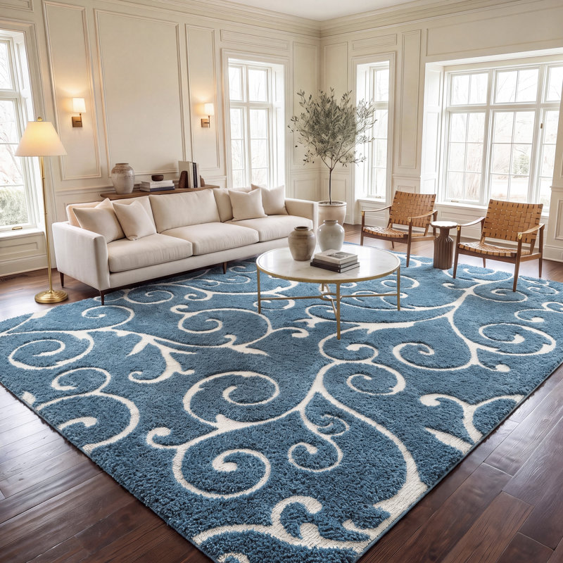 Tapis Amza, Bleu clair / crème, Rectangle 9 pi 6 po x 13 pi