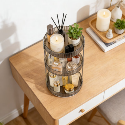 360-Degree Rotating Makeup Organizer, 3-Tier Large Capacity Vanity Organizer With Grid Top, Bathroom And Countertop Cosmetic Storage For Skincare And Beauty Products