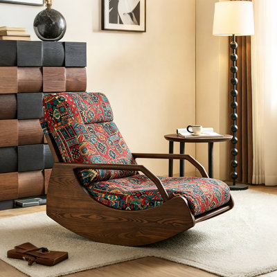 Fauteuil à bascule de loisir de style rétro de 25,59 po de style Mid-Century et français, imprimé de couleurs assorties, cadre en bois de frêne massif et tissu jacquard rétro