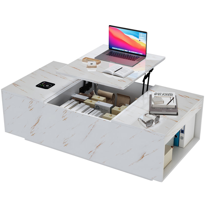 Table basse blanche à plateau relevable avec rangement, lumières DEL, chargement sans fil et haut-parleur Bluetooth | Idée de cadeau