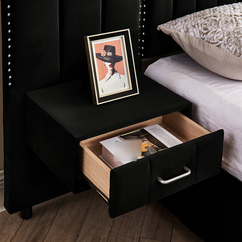 Lit plateforme très grand en velours noir, tête de lit à rayures verticales, table de chevet, lampe ajustable - sans sommier tapissier, noir