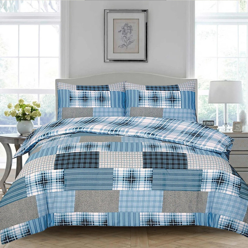 Cotton Patchwork Duvet Cover Set with Pillowcases Included, Blue, Double Duvet Cover Set + 2 Standard Pillowcases