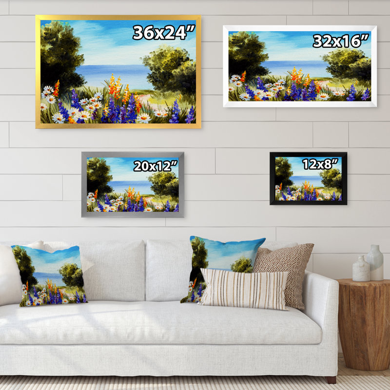 «Spring Flowers on Ocean Scenery», reproduction d'art sur toile encadrée, Toile argentée avec cadre photo