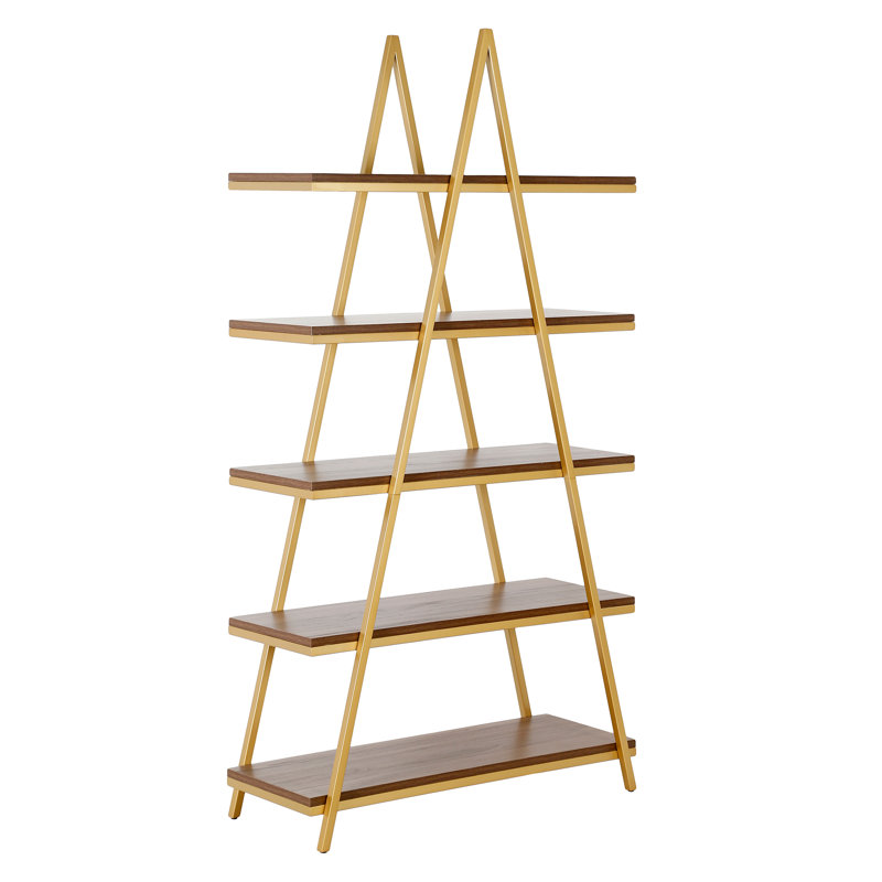 Conry 68"H 5-Tier Metal MDF Tall A-Frame Bookcase in Gold/Walnut, Gold/Walnut