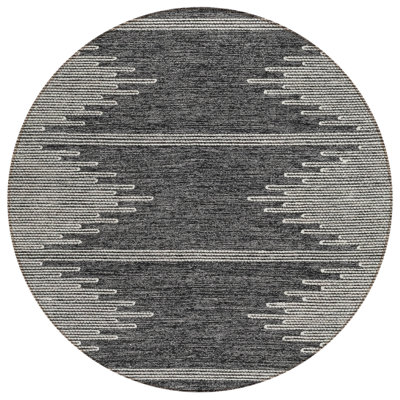 8' Charcoal And Ivory Round Abstract Washable Indoor Outdoor Area Rug