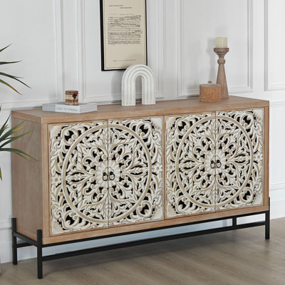 4-Door Wood Cabinet with Carved Floral Detail