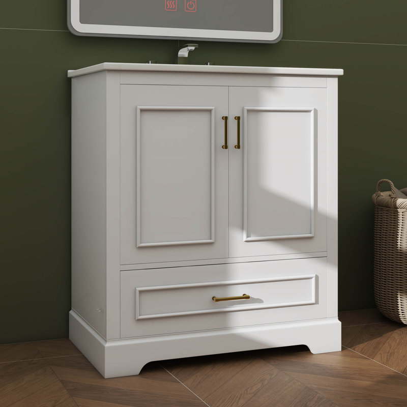 Meuble-lavabo moderne avec lavabo en céramique 2 portes et 1 tiroir pratique, Blanc