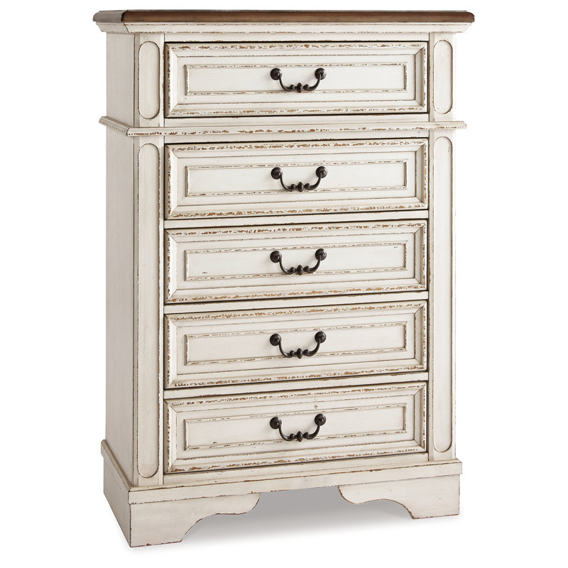 Cottage Charm Antique White 5-Drawer Chest with Felt Lined Drawers