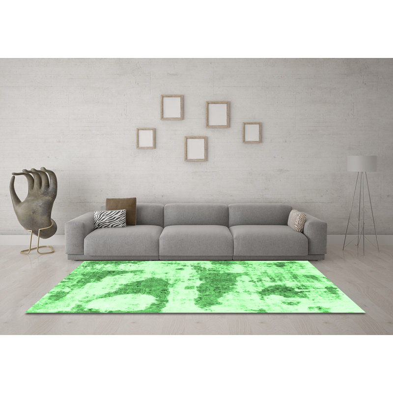 Tapis abstrait vert émeraude lavable à la machine 834, Rond 7 pi