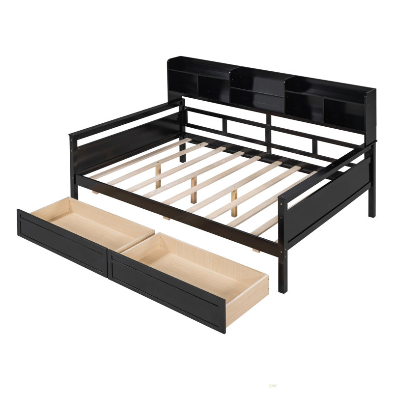 Daybed, Wood Slat Support, With Bedside Shelf And Two Drawers (Daybed), Full / Double, Espresso