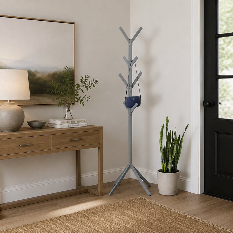 Arbre d'entrée autoportant en métal à 4 niveaux avec 8 crochets pour chambre d'entrée, Argent