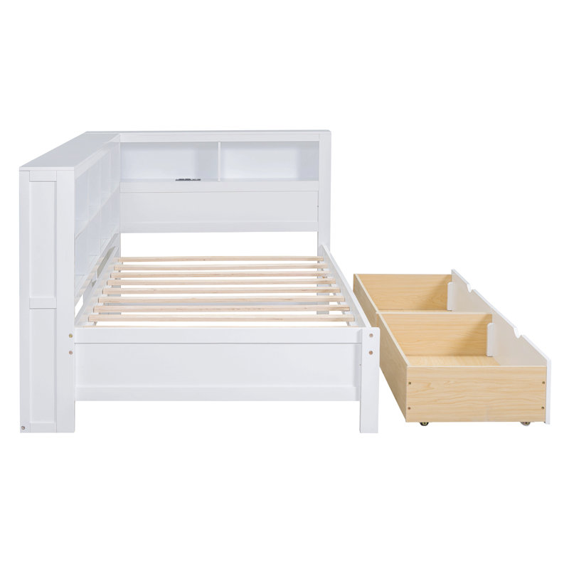 Maiocco Wooden Daybed with 2 Drawers, Storage Shelf and USB Charging Ports, White, Full
