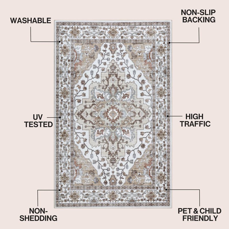 Tapis antidérapant lavable à la machine Superbia Boho Medallion Border, Beige/Cream, Rectangle 9' x 12'
