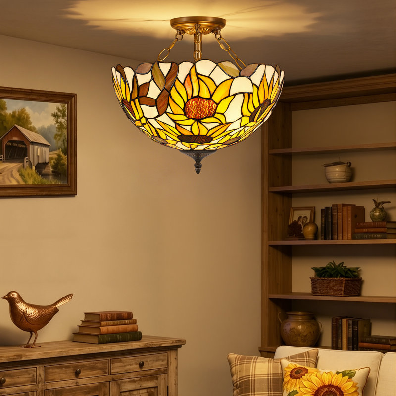 Plafonnier semi-encastré de style Tiffany moderne et classique de 40 cm (16 pouces), abat-jour en vitrail avec 2 douilles E26, ampoules DEL incluses, idéal pour chambre, salon ou cuisine.