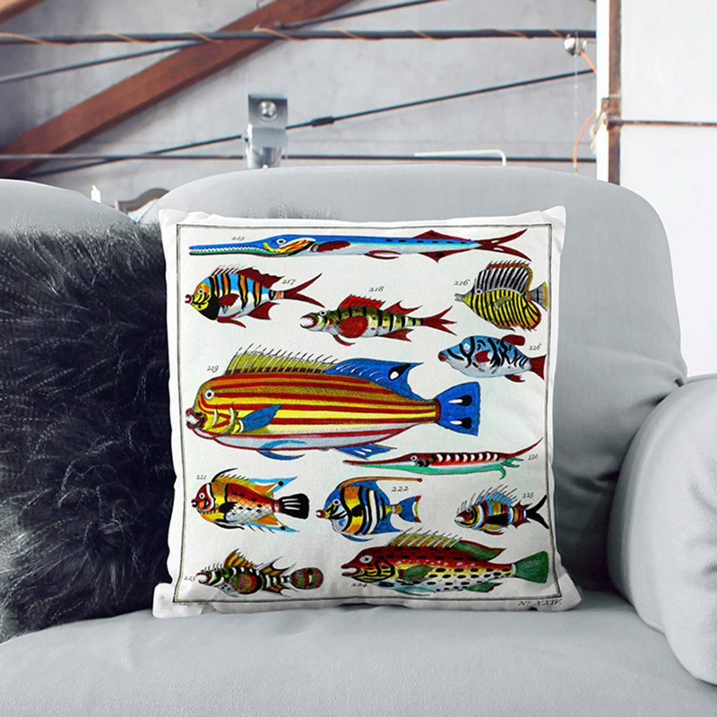 Exotic Fish Illustration Cushion with Filling, 45cm H x 45cm W x 15cm D, Black