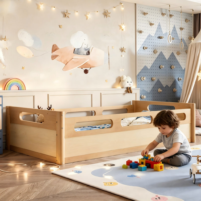 Minimalist Wood Floor Bed Frame with Protective Guardrails, Low Profile Platform Bed for Kids & Adults, Natural, Twin