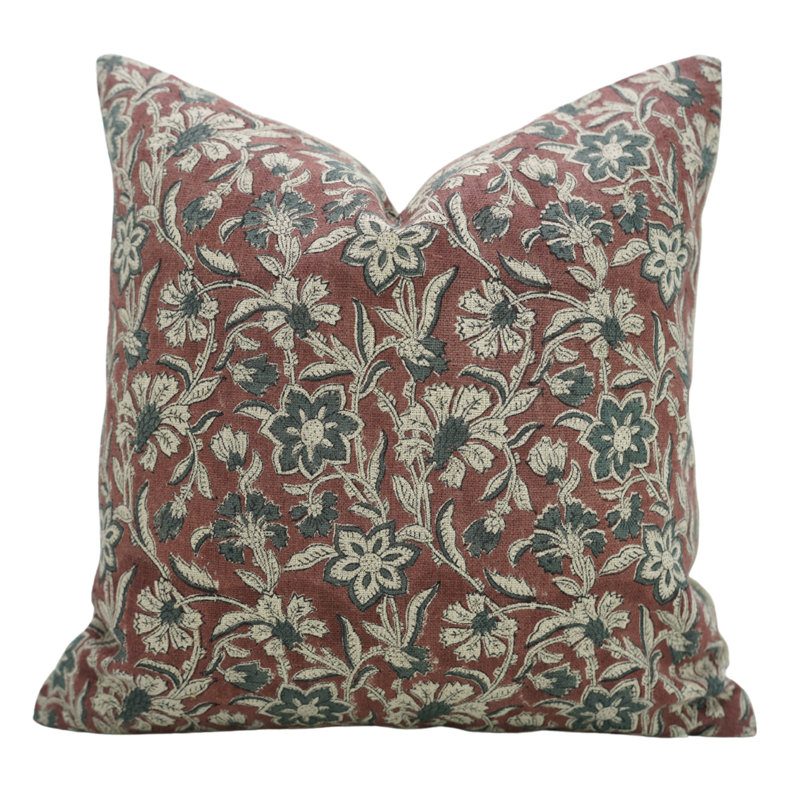 Fabdivine Jarul Hand Block Printed Cushion Cover Artisan Throw Pillow for Home Decor, Square 22", Maroon Block Print/Floral