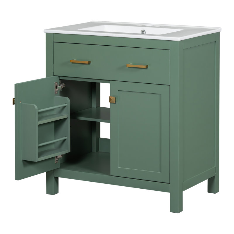 Meuble-lavabo 30 po avec lavabo en céramique, Vert, Doré