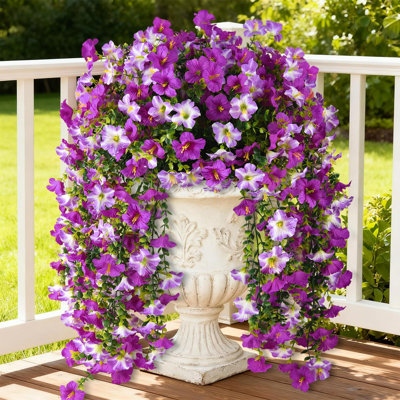 Fleurs et plantes artificielles pour la décoration extérieure printanière et estivale, 2 ipomées en soie artificielle avec feuilles d'eucalyptus, résistantes aux UV, pour balcon, porche, terrasse, jardin.
