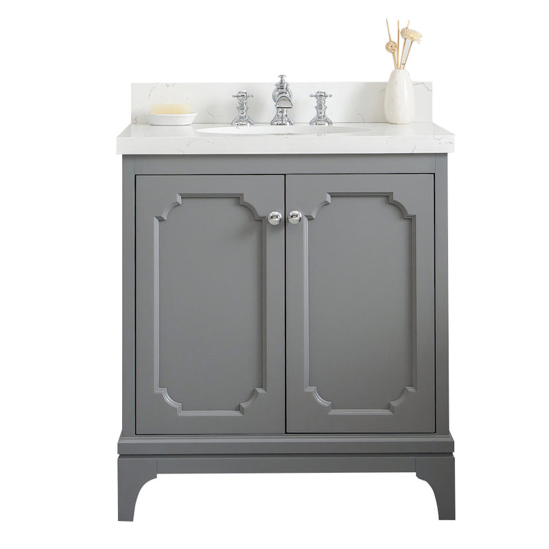 Queen 30" Sink Carrara Quartz Countertop Bath Vanity with Faucet, Waterfall, Pure White