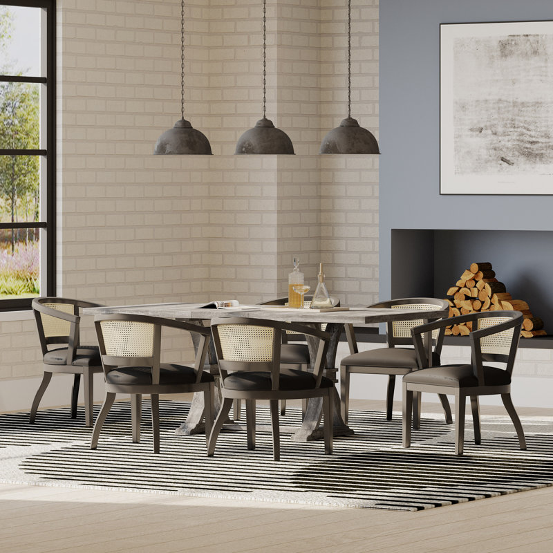 Bromborough 6 - Person Extendable Trestle Dining Set, Gray Table with Black Velvet Chairs