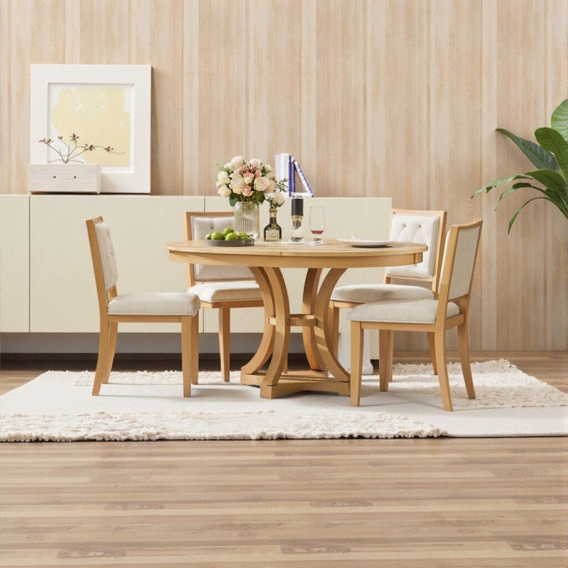 Ensemble de table de salle à manger extensible 5 pièces pour 4-6 personnes, structure en bois massif et sièges rembourrés